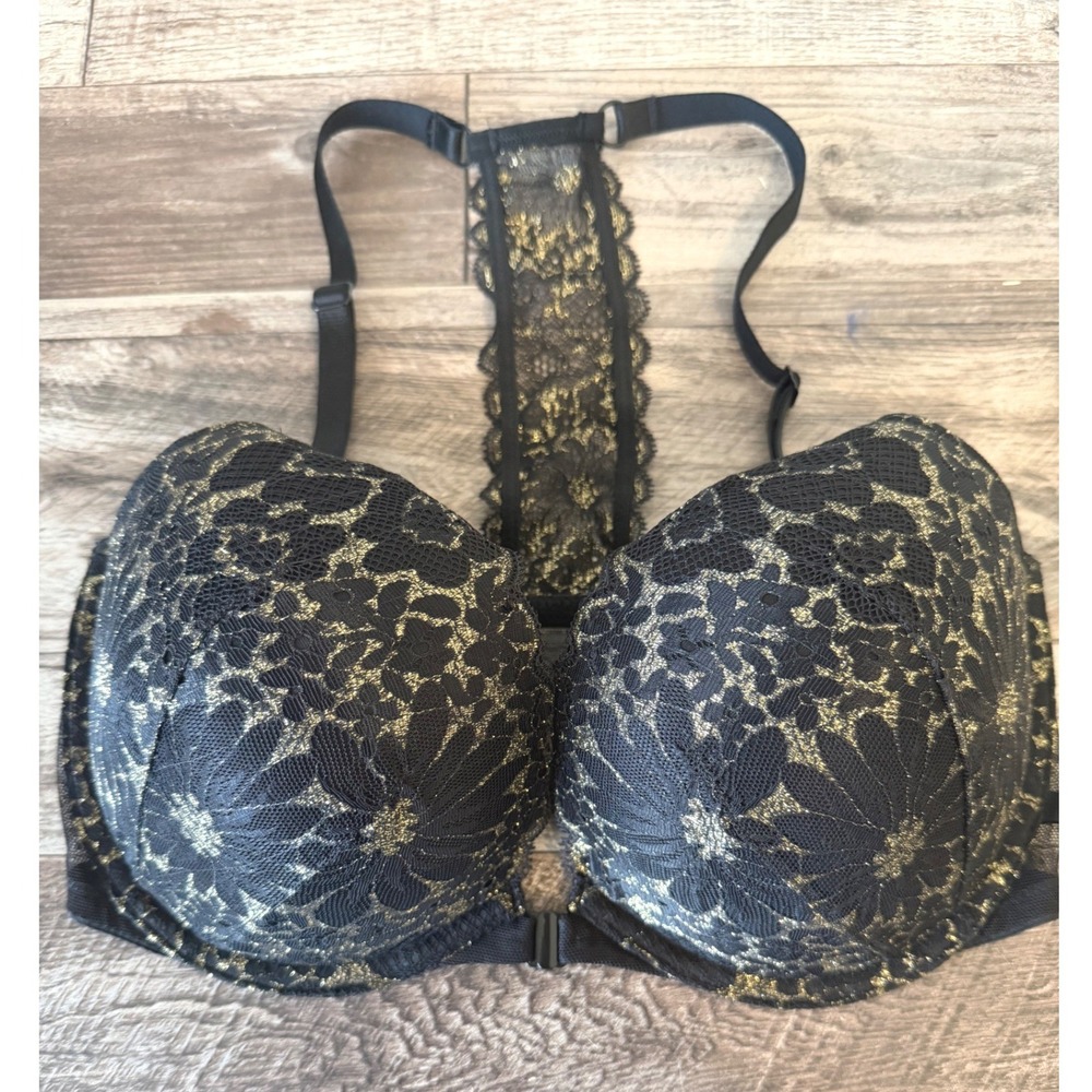 Victoria's Secret Push-Up Bra 34DD Black Gold Lace Racerback Floral Lingerie